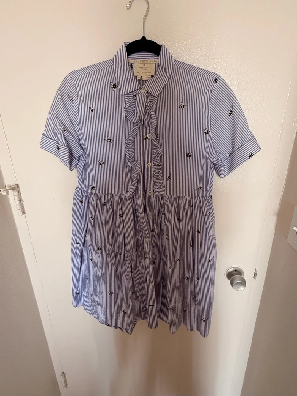 Blue Striped Bumble bee Embroidered Button-Front Shirt Dress